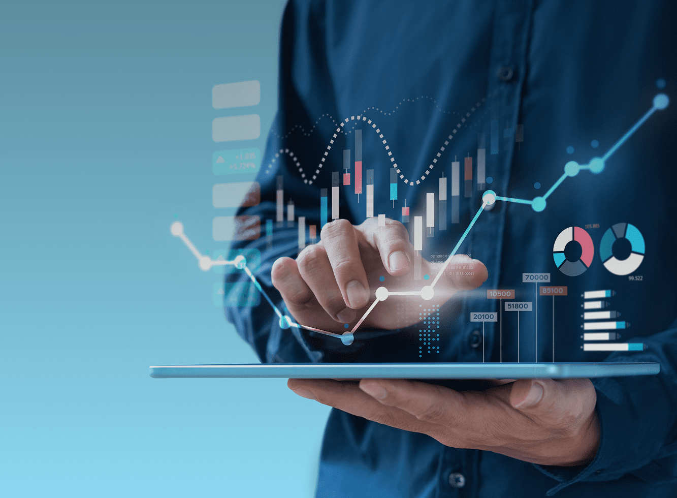 Person using tablet with financial graphs.