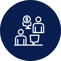 Two people discussing finance, blue background.